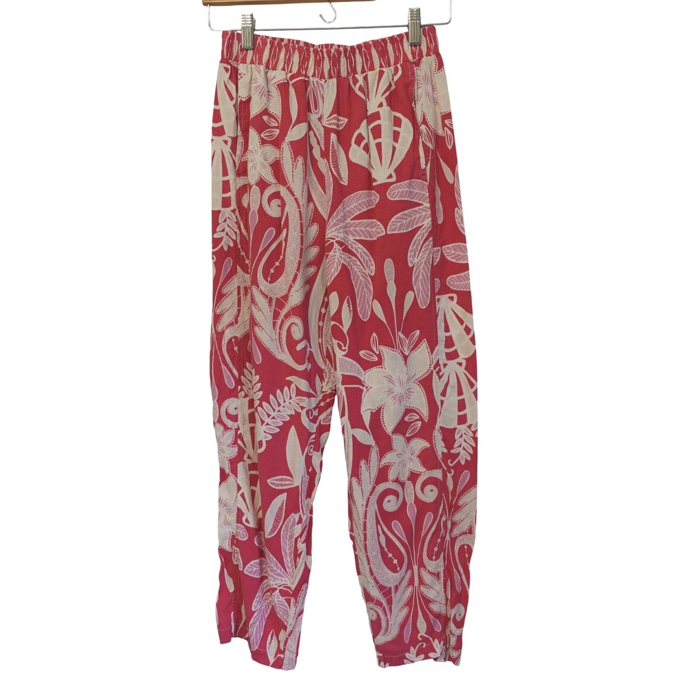 Rachel Zoe Pants Womens S Bright Pink Linen Tropical Floral Print Elastic Waist